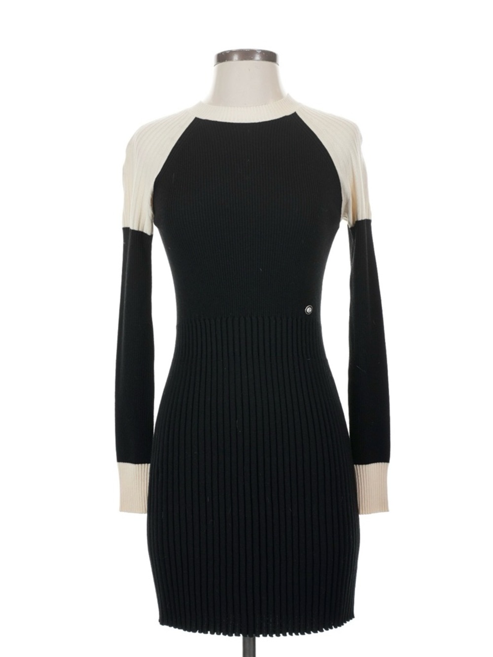 CHANEL Black and White Wool Ribbed Long-Sleeve Knit Dress CC Button Adornment